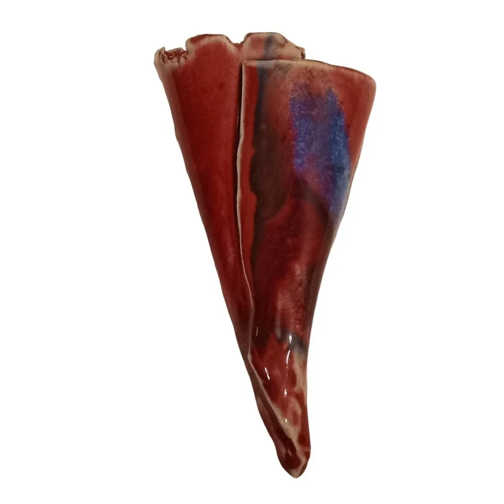 Vtg Handmade Waffle Cone Style Stoneware Pocket Flower Vase Boho Red Blue 8.5